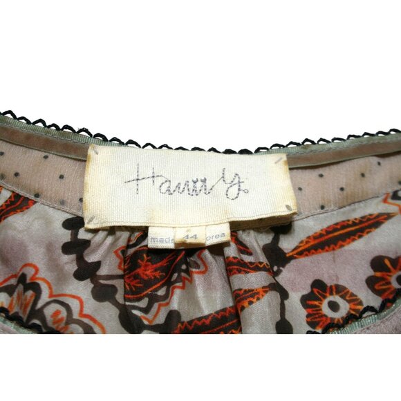 Hanii Y 100% Silk Boho Peasant Top Floral Print Womens S Brown Floral Retro - Picture 5 of 9